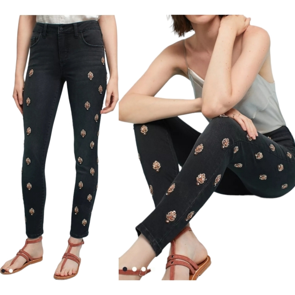 Anthropologie Pilcro Jeans Exclusive Script Embellished High Rise Skinny Sz 27